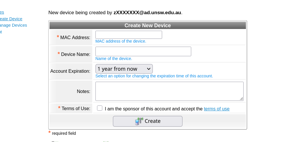 Create new UNSW-IoT device portal